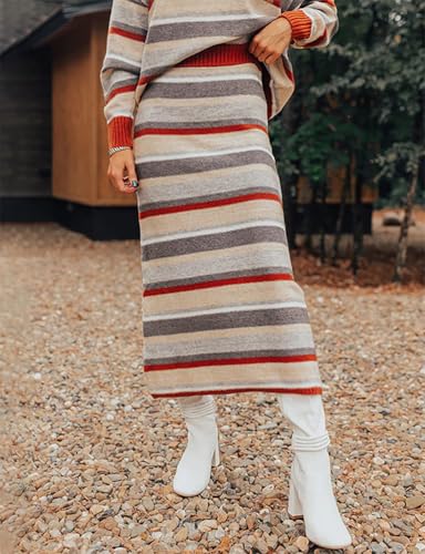 IDEALSANXUN Womens Striped Sweater Skirt Fall Winter High Waisted Pencil Midi Long Skirt3