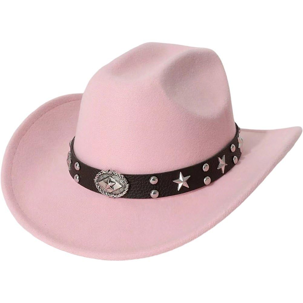 Sofezdo Vintage Cowboy Hat with Star Rivets Leather Trim Felt Cowgirl Hat Summer Wide Brim Western Style Hat for Cowboy Party