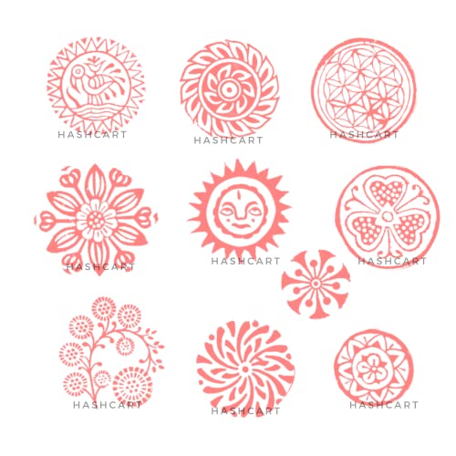Image of Hashcart | Set of 10 | Handcarved Round Shape Multi Floral Design Blocks for Scrapbooking | Wooden Stamps for Project Designing | Henna | Clay | Pottery Craft | Tattoo | Project Making