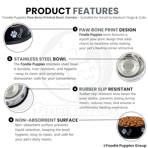 Image of Foodie Puppies Stainless Steel Dog Bowl Combo - (Medium, 700ml) Food and Water Feeding Gift Bowl | Suitable for Dogs, Cats and Other Pets I Paw Bone Print, Anti-Skid Rubber Base (White + Black)