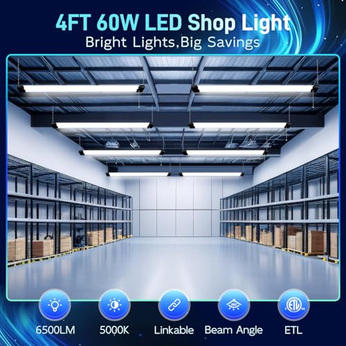 Image of hykolity 4 Pack 4FT Linkable LED Shop Light for Garage, 6500lm, 4FT 60W Utility Light Fixture, 5000K Daylight LED Workbench Light with Plug, Hanging or Surface Mount, Black - ETL