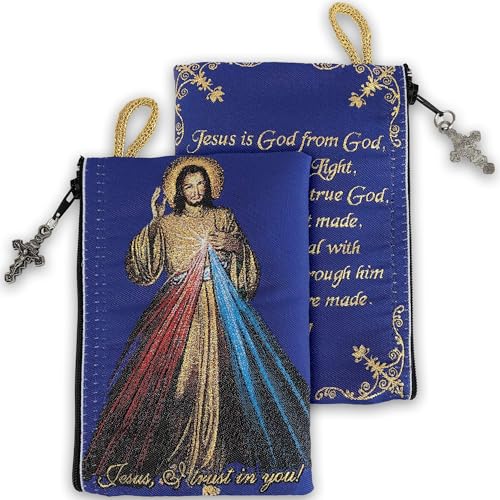 Image of Catholic Rosary Pouch, 4 inch x 6 inch Jewelry & Coin Purse with Cross, Small Woven Tapestry Icon Bag, Bolsa de Rosario Catolico para Joyeria, Devine Mercy of Jesus & Jesus is God, 4 x 6 Inch
