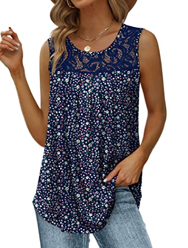 Image of Saloogoe Summer Tank Tops for Women Loose Fit Pleated Tunics Scoop Neck Sleeveless Lace Tops Curved Hem Flowy