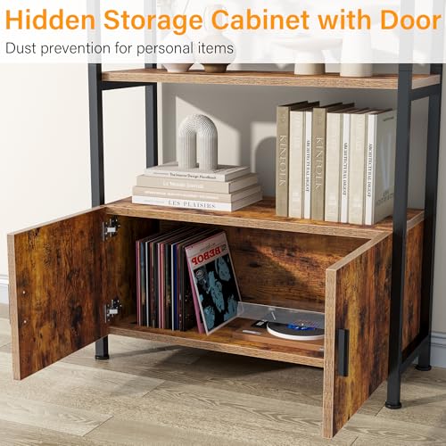 Image of Jehiatek Arched Bookshelf with Storage Cabinet 71 Inch Tall Industrial Bookcase 5 Tier Open Display Shelf with Hidden Storage Rustic Wood and Metal Bookshelf for Living Room Bedroom Home Office