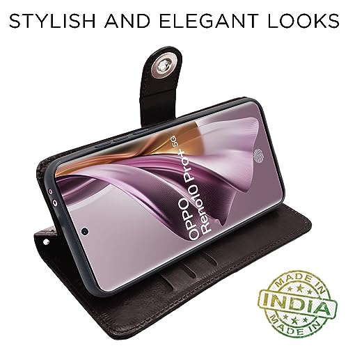 Image of Pikkme Oppo Reno 10 Pro Plus 5G Flip Cover Leather Finish | Inside TPU with Card Pockets | Wallet Stand and Shock Proof | Complete Protection Button Flip Case (Coffee)