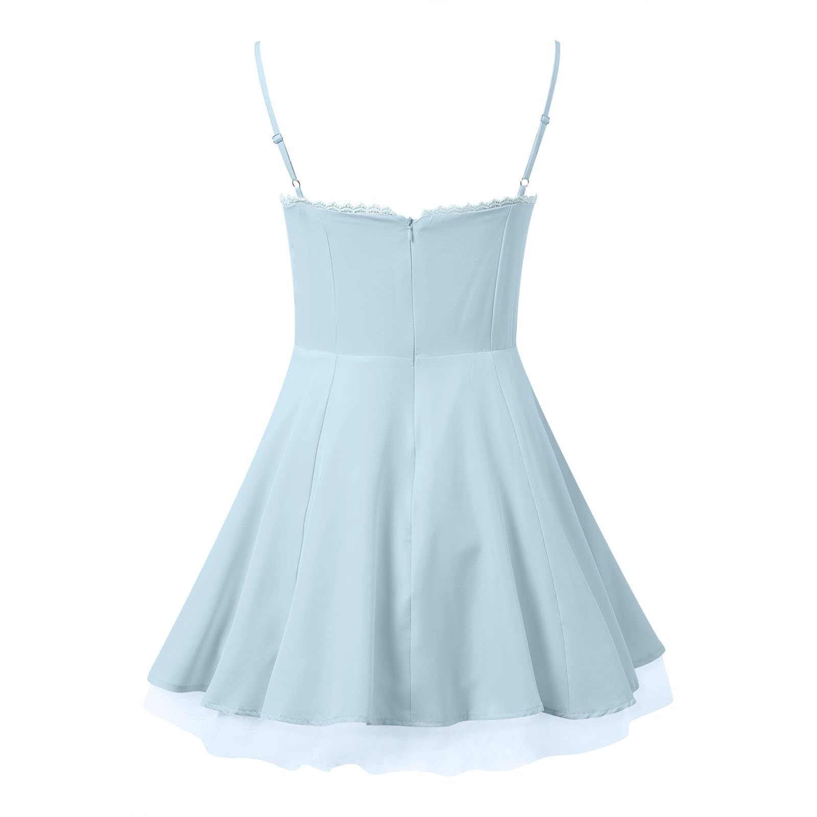 Robe bleu clair pour femme - Robe corsage victorienne aérée - Robe de plage - Spaghetti - Taille haute - Longueur genou - Robe d'été - Bretelles spaghetti - Robe de soleil midi - Robe de loisirs