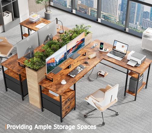 Image of Furologee 66 inch L Shaped Desk with Power Outlet, Reversible Home Office Desk with File Drawer, 2 Monitor Stands, Storage Shelves, Corner Computer Table for Gaming, Writing, Rustic Brown