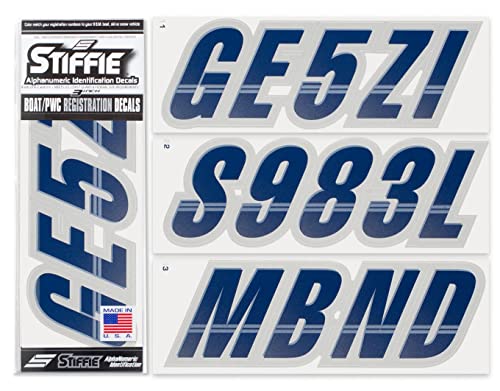 Image of Stiffie Techtron Navy /Silver 3 inch Alpha-Numeric Registration Identification Numbers Stickers Decals for Boats & Personal Watercraft