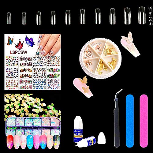 Nail Tips for Acrylic Nails 500PCS Coffin Fake Nails with Glue Holographic Sequins for Nail Stickers and Butterflies Nail Art(10 Sizes French Nails)