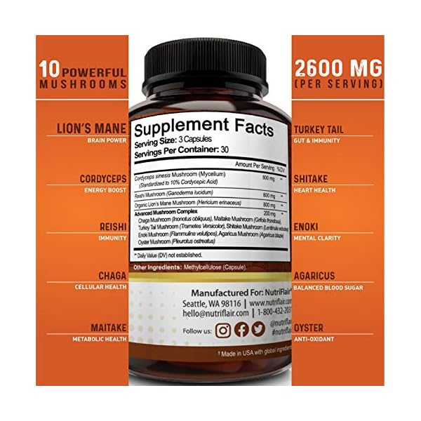 NutriFlair-Mushroom-Supplement-2600mg-90-Capsules-10-Mushrooms-Reishi-Lions-Mane-Cordyceps-Chaga-Turkey-Tail-Maitake-Shiitake-Nootropic-Complex-Brain-Energy-Focus NutriFlair Mushroom Supplement 2600mg, 90 Capsules - 10 Mushrooms Blend - Reishi, Lions Mane, Cordyceps, Chaga, Turkey Tail, Maitake, Shiitake, Oyster Nootropic Complex - Brain, Energy, Focus Pills