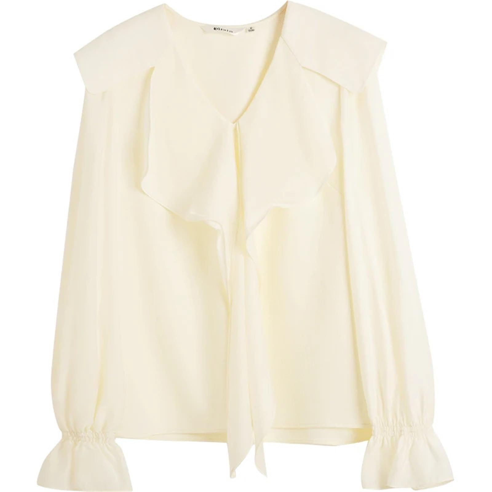 Blusa de Gasa Encaje for Mujer, Camisa Elegante Color Liso con Pajarita, Tops Femeninos Manga Larga Cuello en V para Atuendo Casual Diario