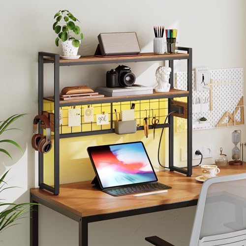 HOOBRO Desktop Bookcase, 2-Tier Office Desktop Organizer, 29.9″ Wooden Office Storage Rack with Outlets, Display Shelf Rack with Light Strip, Desk Hutch for Office, Rustic Brown BF11UDSJ01