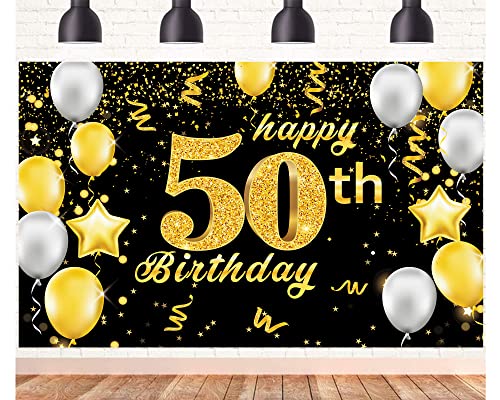 Happy 50th Birthday Banner,50th Birthday Decorations Black Gold,Party Backdrop Banner Fabric Banner for Men Women 50th Birthday Photo Backdrop,Photography Background,Outdoor Garden Table Wall Decor