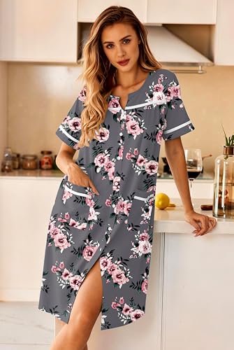 Image of Ekouaer Nightgowns for Women House Dress with Pockets Button Down Sleepshirt Short Sleeve Nightshirt Housecoat