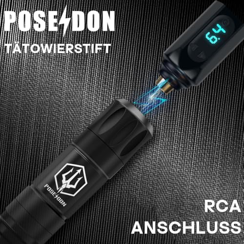 POSEIDON Wireless Tattoo Maschinen Set mit 20 Tattoo-Kartuschennadeln, Tintenset & 2 Akkus | Professionelles Tattoo-Gerät für Anfänger | Komplettes Starter-Set (HM122)