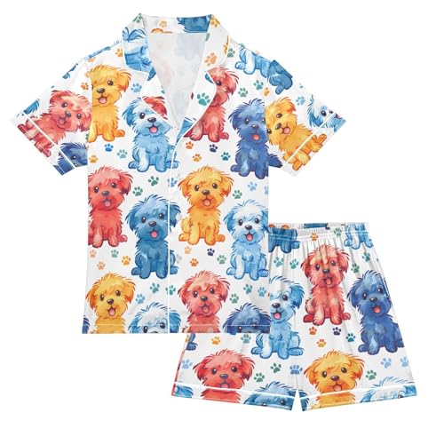 ALAZA Puppy Dog Paw Print Watercolor Pajamas Satin Pajama Set Short Sleeve Button Down Sleepwear