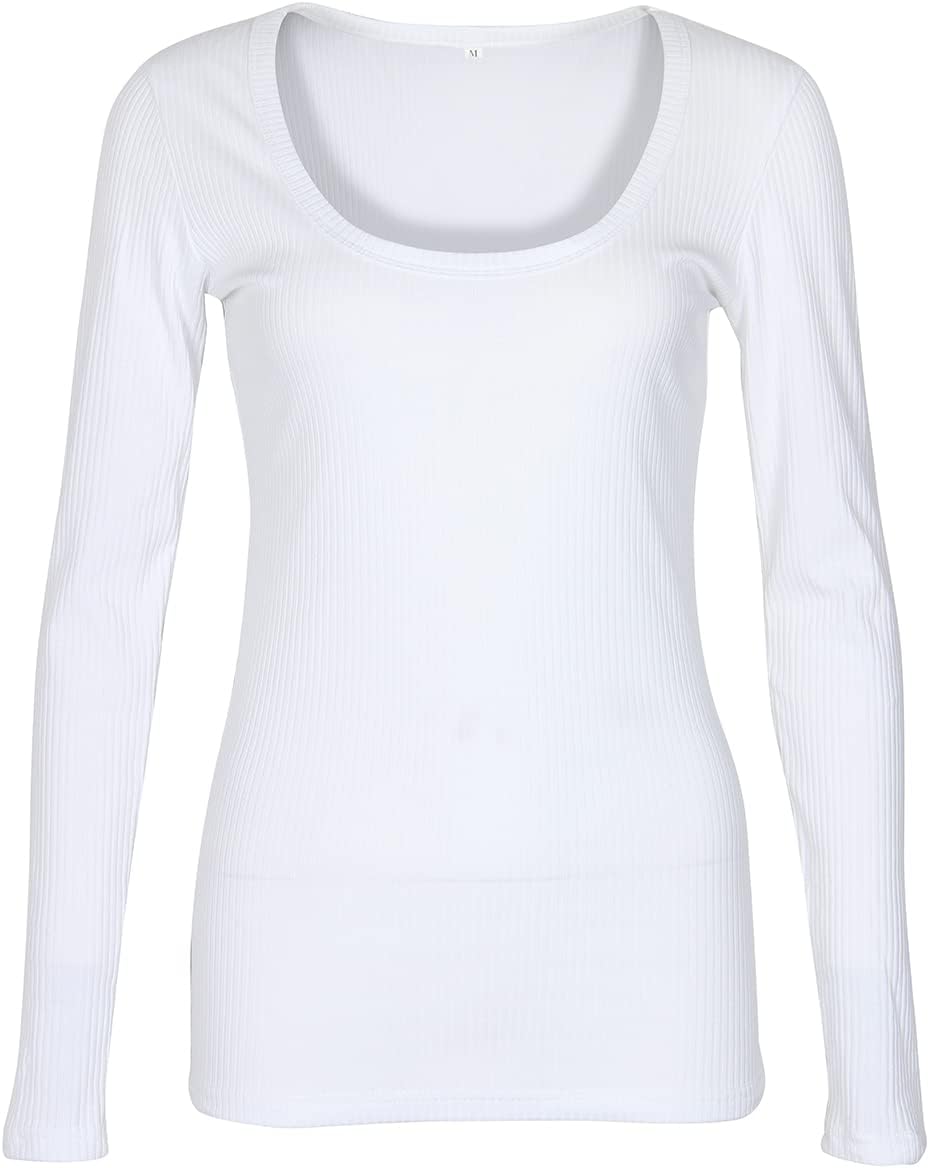 Roselux Women Long Sleeve Scoop Neck Ribbed Fitted Knit Shirt Basic T-Shirts - Image 3