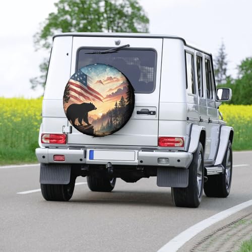 Image of Black Bear American Flag Sunset Mountain Spare Tire Cover Wheel Protectors Waterproof UV Resistant Wheel Covers Universal Fit for SUV Truck Rv Trailer Camper Travel Accessories 17 inch