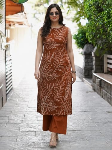 Image of GoSriKi 2-Piece Co-Ord Set for Women Viscose Printed | Kurta Palazzo Set for Woman | Straight Sleeveless Round Neck Stylish Ethnic Outfit Trendy Womens Clothing