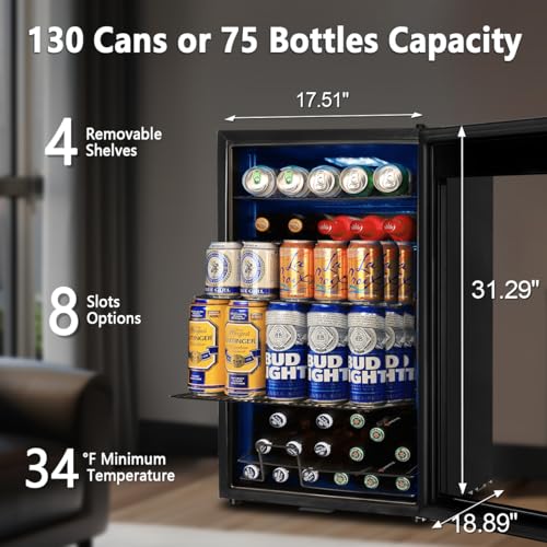Image of Tylza Beverage Refrigerator Cooler, 130 Cans 3.22 Cu.Ft Small Refrigerator with Low-E Glass Door, Lock, 17-Inch Beer Fridge for Drinks, Beer and Wine, Mini Fridge for Bedroom, Office and Bar, Black