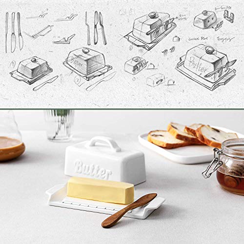 Dowan Butter Dish Set With Lid And Knife - Porcelain Butter Dish With Wooden Knife, Butter Dish With Handle, Groove Design, Perfect For Standard Butter Stick, White #TOP5