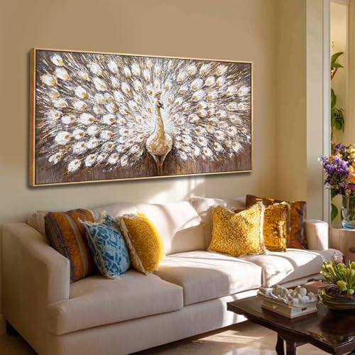 Framed Canvas Wall Art,White Peacock Bird Gold Pictures,Animal Beautiful Wall