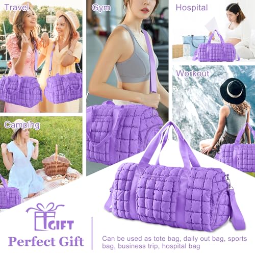 Image of Quilted Travel Duffle Bag Gym Bag for Women,Large Puffer Duffle Weekender Bag with Compartment,Workout Overnight Carry on Organizer Bag Duffle Bag for Airplane Travel(Purple)