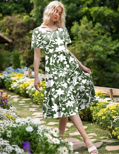 Image of Zeagoo Women's Summer Dress Midi Floral Flutter Short Sleeve Casual Dresses with Pockets Tiered Flowy Boho Beach Dress