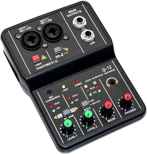 Q-12 Interface de audio,placa de som profissional de canal USB 2.0 DC 5V de alta velocidade, função de monitor para estúdio/gravação musical/jogos/Equipamentos para Gravação Musical