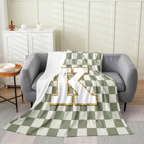 Image of Erosebridal Sage Green Checkered Fleece Blanket Throw 50 inchx60 inch Plaid Initial K Flannel Blanket Personalized Monogram Fuzzy Plush Throw for Kids Boys Girls,Fashion Grids Gingham Decor for Bed Couch