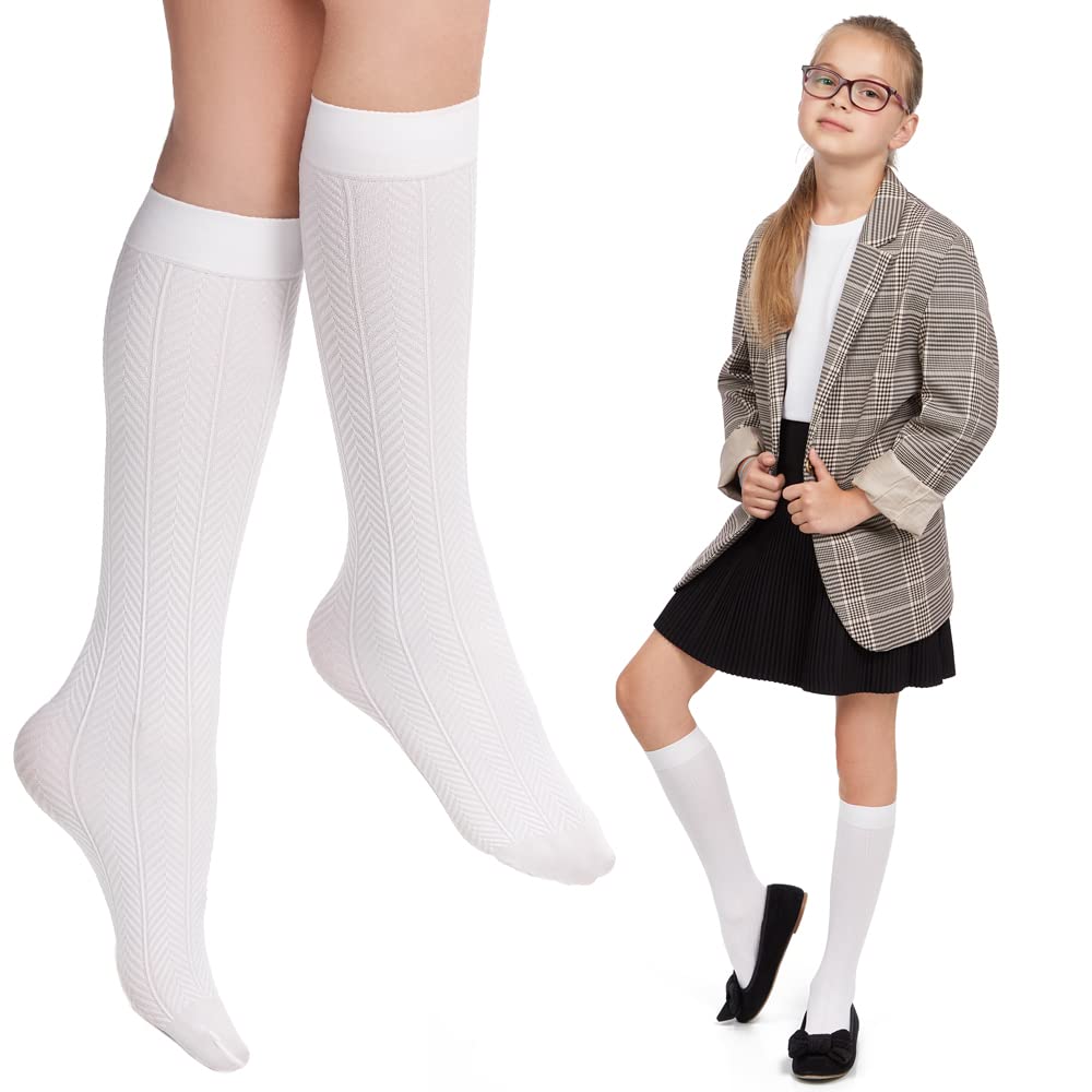 hi!mom Dziewczęce podkolanówki 1 para / 4 pary opakowanie białe wzorzyste długie nieprzezroczyste skarpetki dla dzieci mundurek szkolny z mikrofibry codzienne formalne pończochy do noszenia na