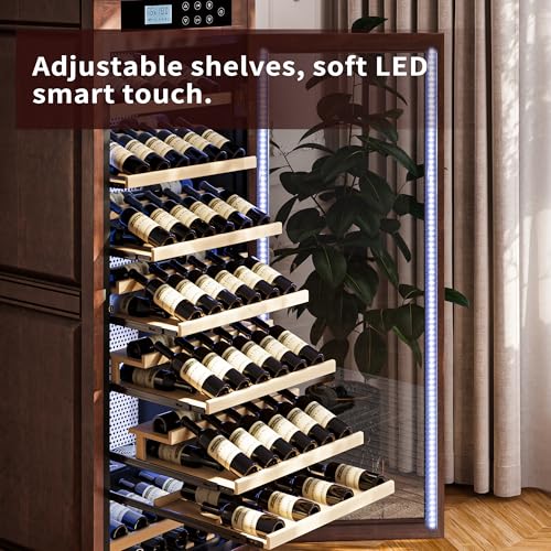 Image of KEIKI Freestanding Wine Refrigerator with Wood Cabinet, 102 Bottle Single Zone Wine Cooler, Humidity Control Tempered Glass Door, LED Light Lockable Shelves, for Home Bar Dining, Walnut