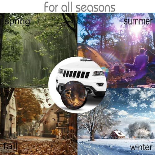 Image of Night Campfire Raccoon Spare Tire Cover for Rv SUV Truck Camper Trailer,Cute Animal Tire Cover Wheel Covers Universal Fit,15 inch