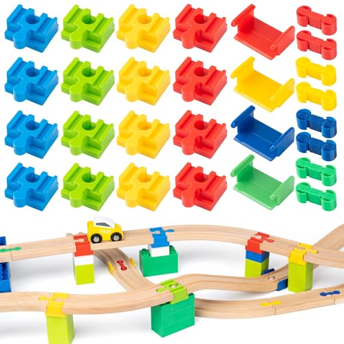 Image of Wooden Train Track Accessories 28 pcs Wooden Track Connector Compatible with All Leading Brands Birthday Gift for Boys Girls,Dog Bone Adapter Train Track Pieces Expansion Pack for Toddlers Ages 3+