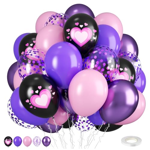 Image of Pink Purple Black Balloons, 50PCS 12 Inch Black Macaron Metallic Purple Pink Birthday Heart Printed Balloons for Princess Theme Birthday Decorations Baby Shower Party