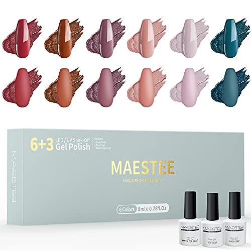 Maestee 9 Pcs Gel Nail Polish Kit, 6 Colors (8ml) with Base and Top Coat and Matte Top Gel (8ml) Nail Polish Hot Modern