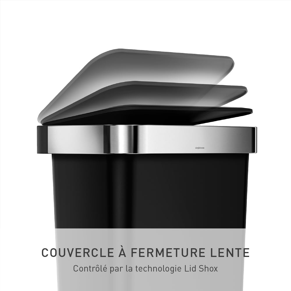 simplehuman CW1385CB poubelle rectangulaire à pédale, avec réserve à sacs, poubelle de cuisine, plastique noir, 45 litres | Rectangulaire, avec Pédale Robuste, Technologie Lid Shox®, Réserve à Sacs Intégrée, Code de Sacs Poubelle sur Mesure