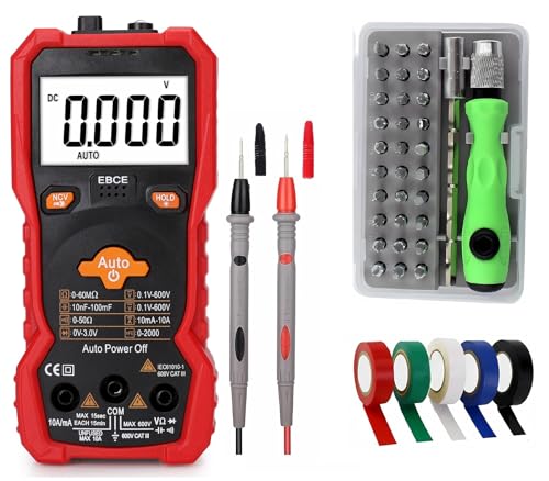 Smart Auto Range Digital Multimeter, Electrical Tester, 6000 Counts,Digital Auto Ranging, Live Wire Test, NCV Detection, Measures AC/DC Voltage, Current, Resistance, Diode, Capacitance (Red)
