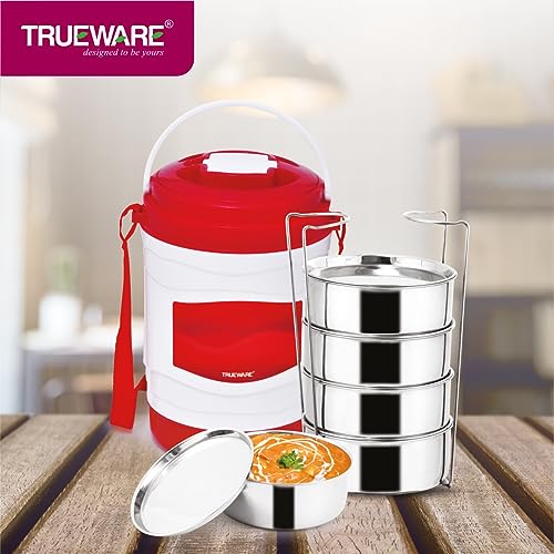 Image of Trueware Marina 5 Lunch Box with 5 Steel Container, 300 ml X 5 Red | PU Insulated | Tiffin | Hot Lunch Box | Leak Proof | Easy to Carry | Food Grade | BPA Free | Office | Outdoors | for Men Women