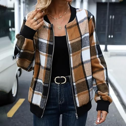 Shackets for Women 2025 Fashion Casual Zip Up Flannel Plaid Jackets Long Sleeve Baggy Outwear Coat Fall Clothes4
