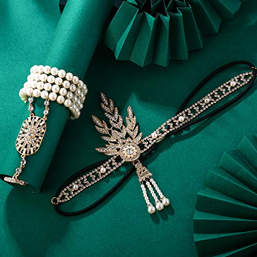 EVER FAITH Art Deco Haarband Party Deco 1920er Jahre Flapper Stirnband Great Gatsby inspiriert Blatt Perle Kopfbedeckung Haarband Armband Ring Set Gold-Ton