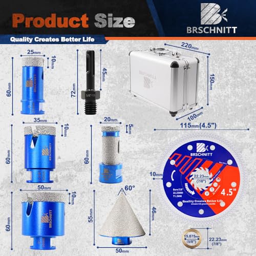 Image of Diamond Core Drill Bit Set - BRSCHNITT Tile Hole Saw Kit 1 inch 1-3 /8 inch2 inch& 4 /5 inch Finger Bit & 2 inch Chamfer Bit for Porcelain Tile Ceramic Marble Granite&Diamond Blade