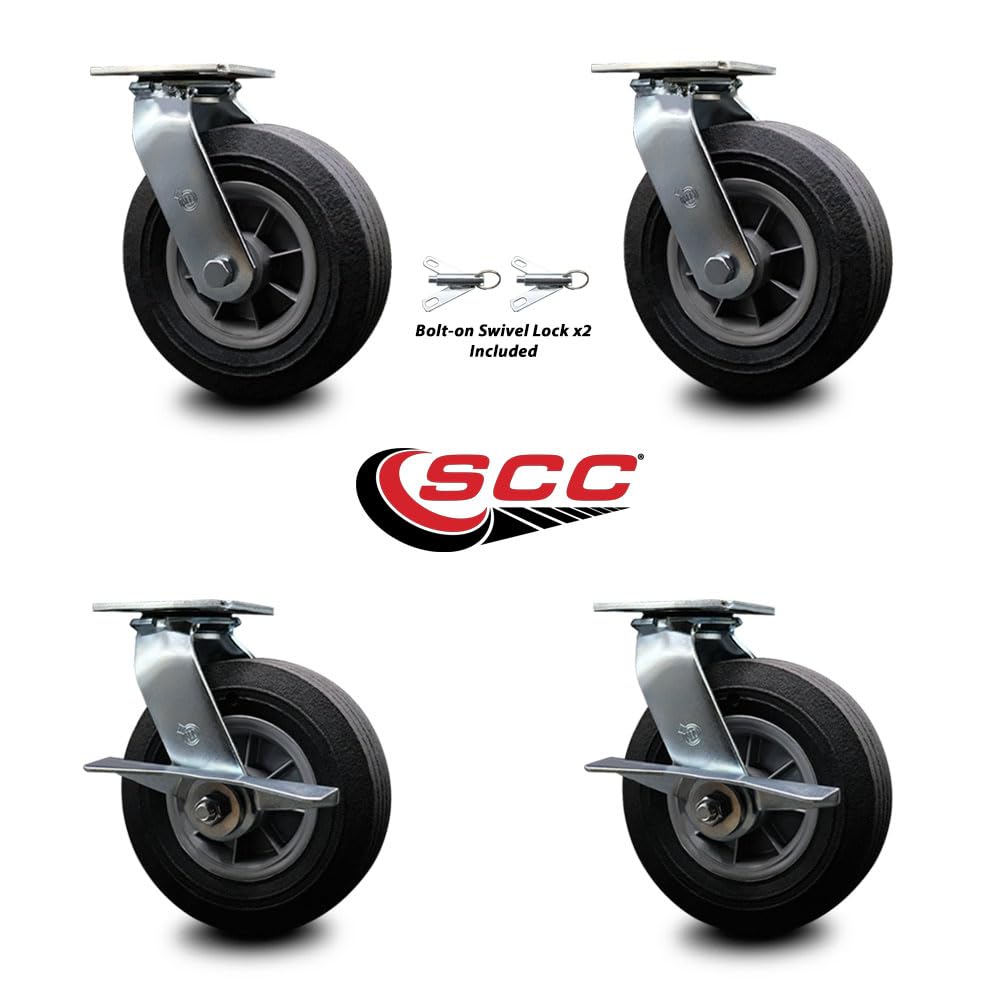 BBQ Smoker Grill Flat Free All Terrain Caster Wheel Set–8 Inch Easy Roll, No Flat, Maintenance Free Solid Rubber Wheels–2 Swivel with Bolt-On Locks and 2 Swivel with Side Lock Brakes – Service Caster