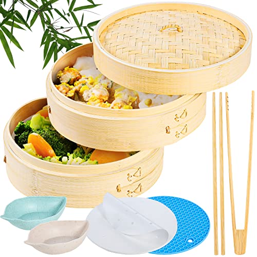 OTES Full Set Bamboo Steamer Basket 10 Inch, 2 Tier Dumpling Steamer for Cooking Bao Bun, Dim Sum, Vegetables - Premium Food Steamer Basket with 50 Liners, 2 Sauce Dish, Silicone Mat, Chopsticks & Tong