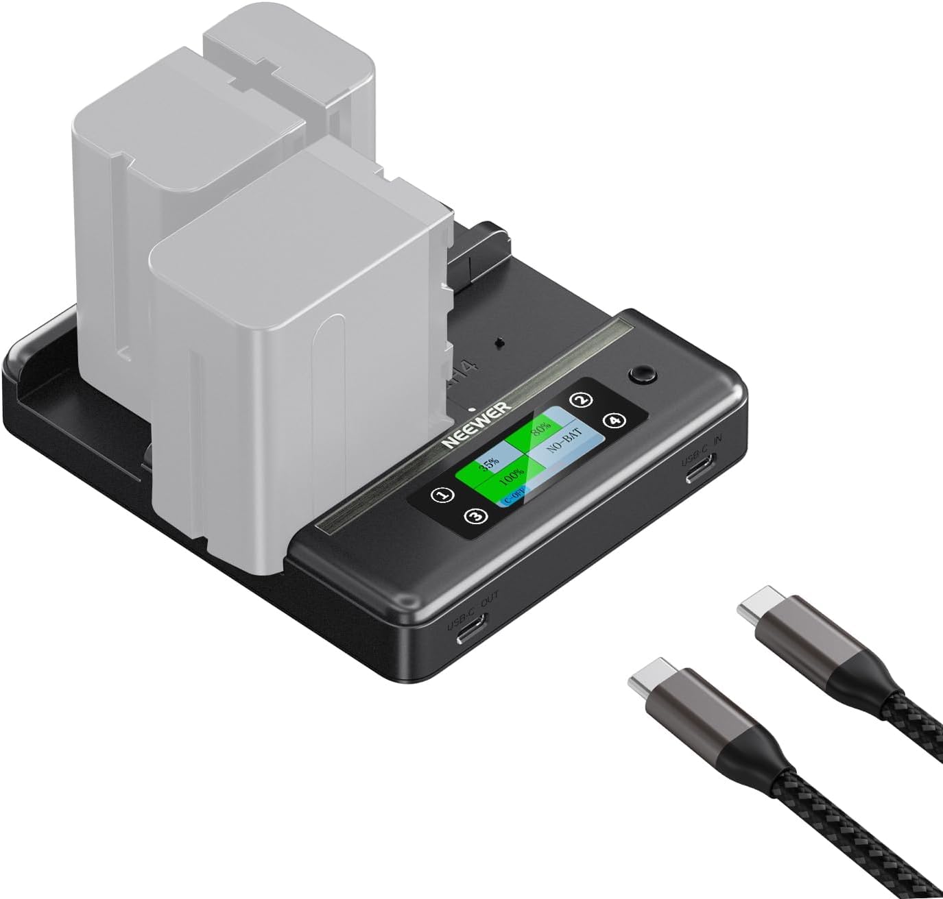 NEEWER NP-F970 4 Channel Charger with Smart Power Consolidation Compatible with Sony NP-F550 750 Camcorder NPF Camera Battery, PD100W Fast Charging/Dual USB C/OLED Display/100W Type C Cable, NW-F4R
