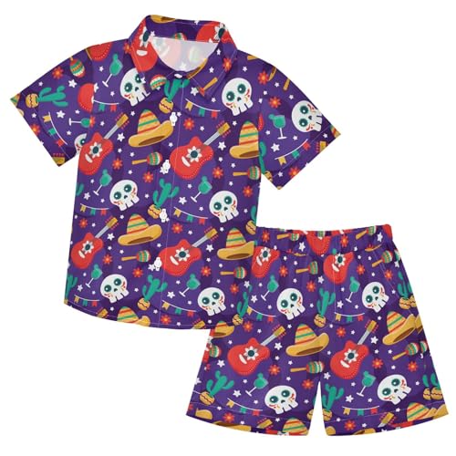 Skull Cactus Mexican Element Short Sleeve Hawaiian Button Down Shirts and Short Sets for Boys Toddler Summer Outfits