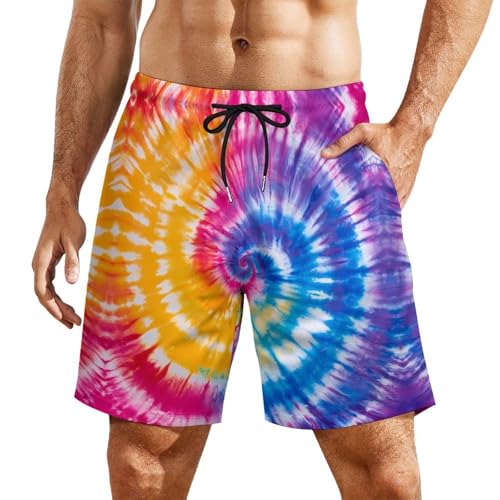 Tie Dye Colorful Rainbow Mens Swim Trunks with Quick-Drying Lining Beach Shorts for Outdoor Sports
