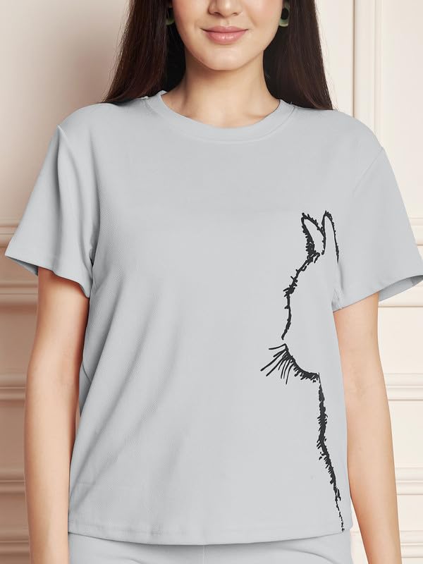 Image of DTR FASHION Polyester Blend Cat Sketch Print Tracksuit | Night Wear Suit For Women