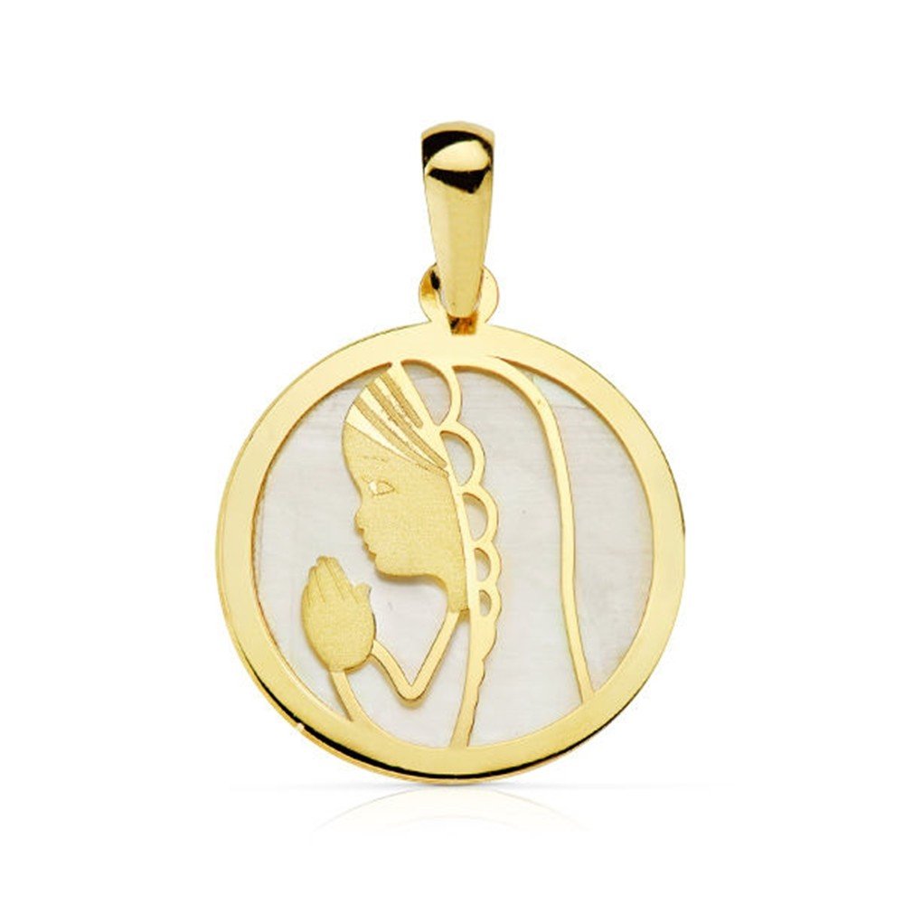 Medalla oro 18k fonde nácar Virgen Niña redonda 17mm. bisel liso
