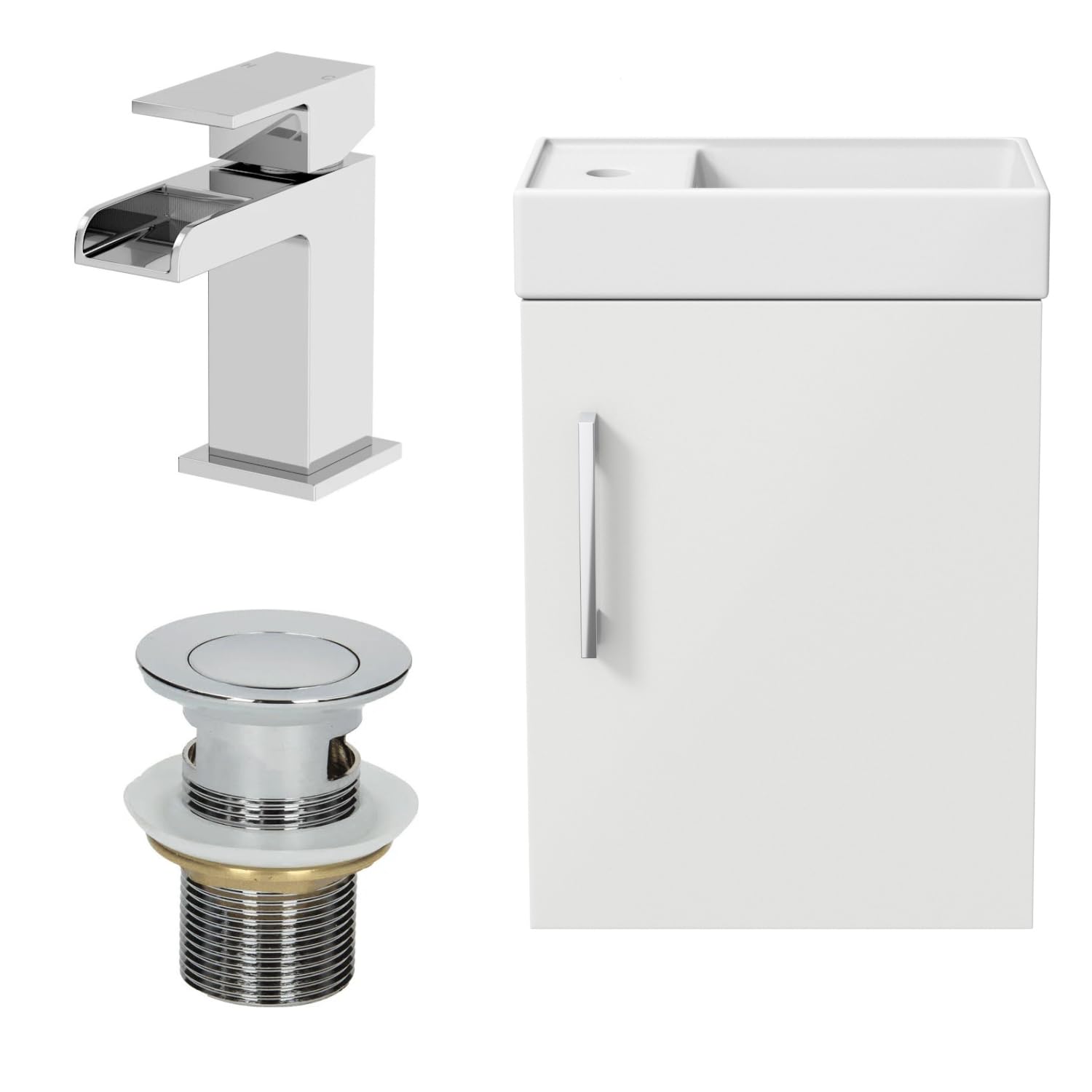 BAYSTONE 400mm Bathroom Vanity Unit Ceramic Wash Sink Wall Hung Storage Cabinet Reversible Soft Close Cupboard & Essentials Basin Mixer Tap & Waste Set, White Gloss